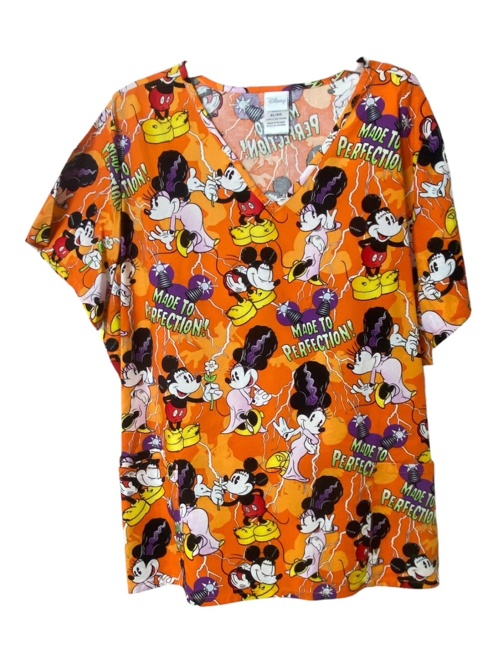 Disney Halloween Scrub Top XL Womens Mickey Minnie Mouse Frankenstein Bride New
